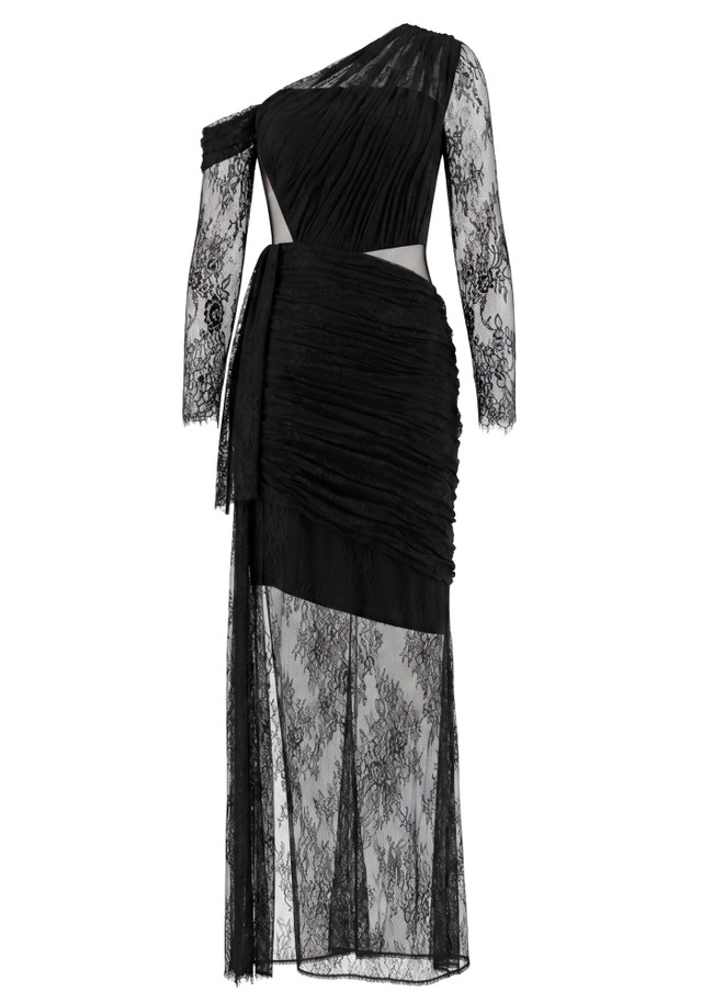 Long Sleeve Draped Lace Maxi Dress Black