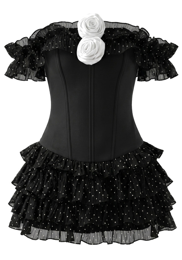 Ruffle Bardot Corset Two Piece Dress Black