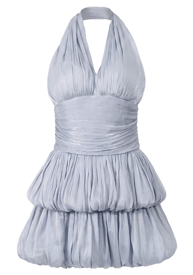 Halter Ruched Bubble Dress Light Blue