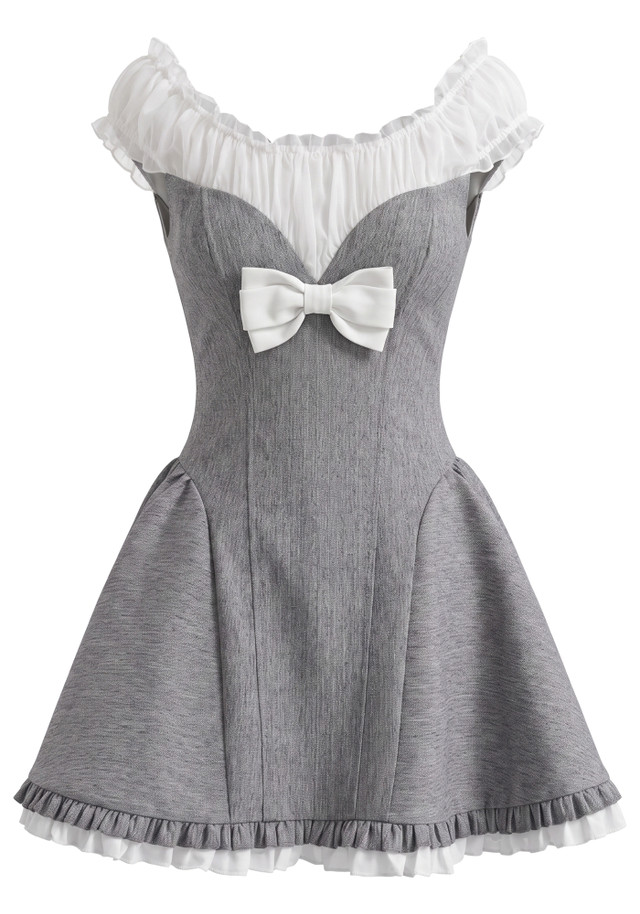 Ruched Bardot A Line Dress Grey White