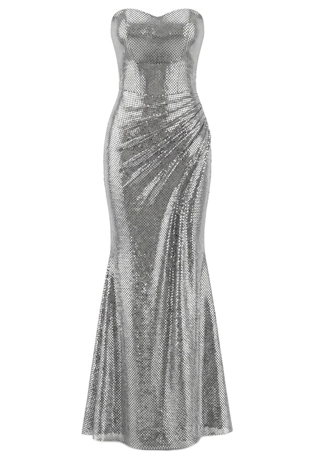 Strapless Draped Maxi Dress Silver