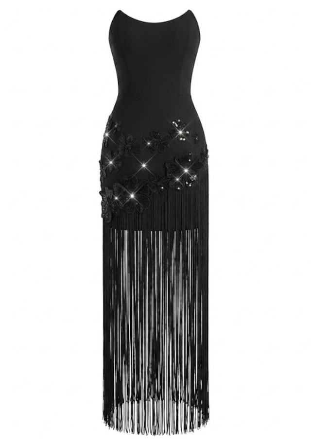 Strapless Floral Tassel Maxi Dress Black