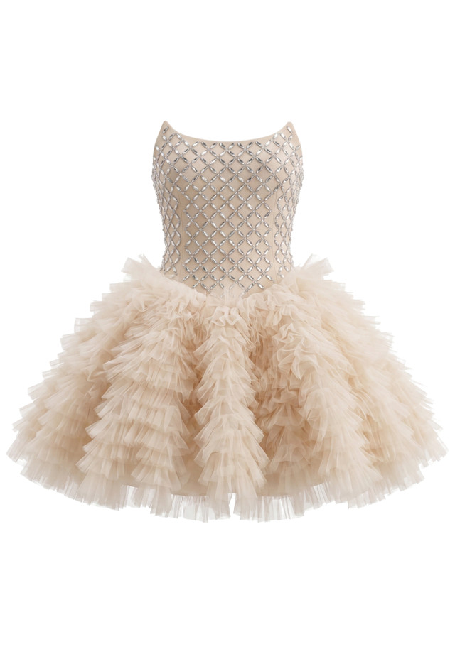 Strapless Embellished Ruffle Dress Nude