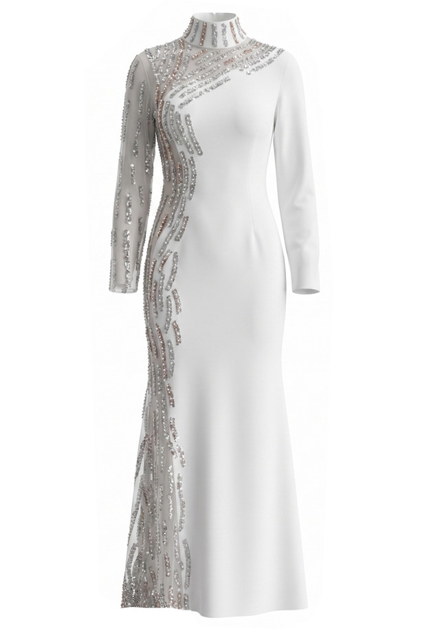 Long Sleeve Sequin Pearl Maxi Dress White