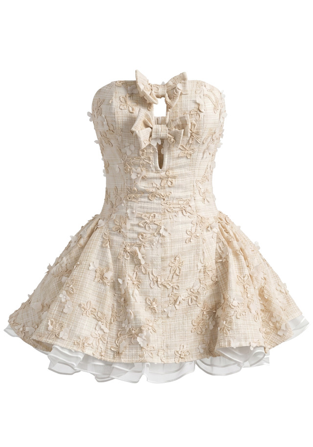 Strapless Bow Detail Floral A Line Dress Ivory