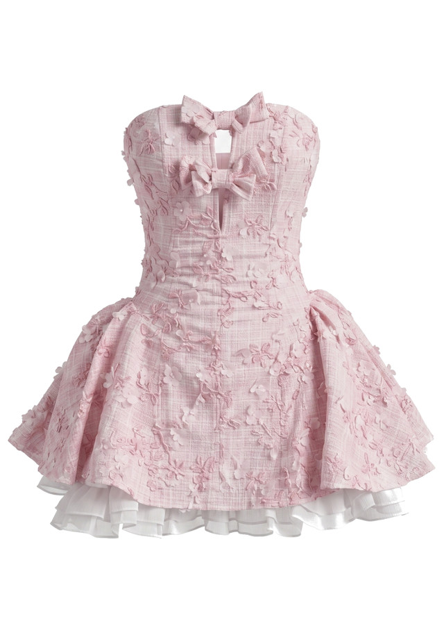 Strapless Bow Detail Floral A Line Dress Pink