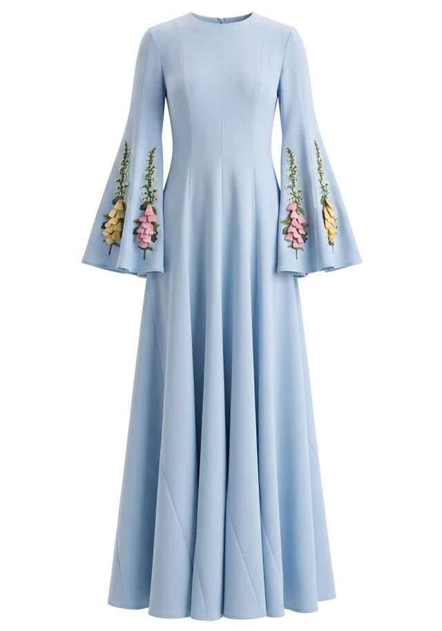 Floral Sleeves A Line Maxi Dress Blue