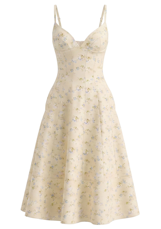 Floral Corset A Line Midi Dress Yellow