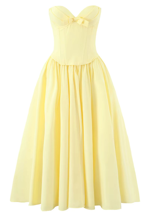 Strapless Bustier A Line Midi Dress Yellow