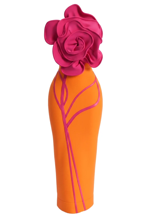 Strapless Floral Detail Maxi Dress Hot Pink Orange