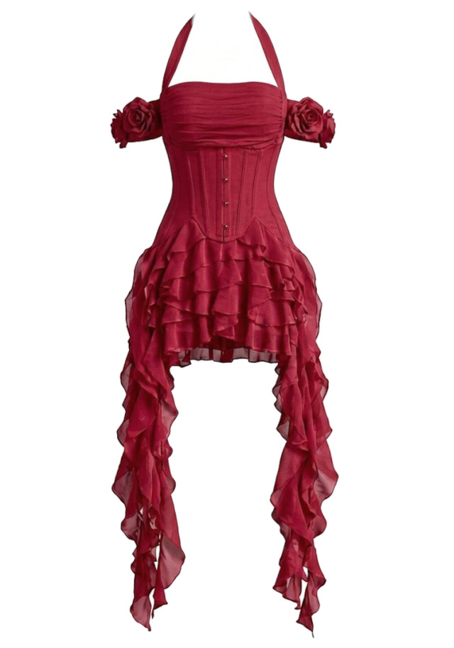 Halter Corset Ruffle Maxi Dress Red