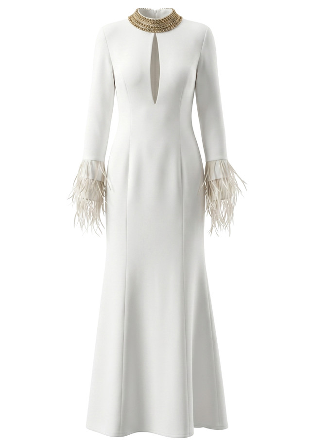 Long Sleeve Feather Embellished Maxi Dress White