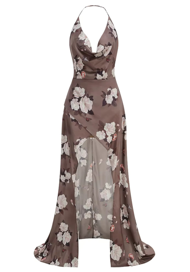 Halter Floral Maxi Dress Brown
