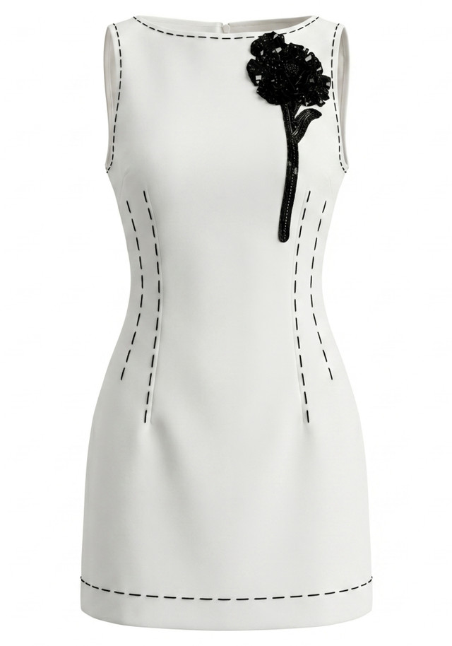 Sequin Floral Detail Dress White