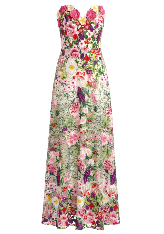 Strapless Floral Embroidered Maxi Dress Hot Pink Green