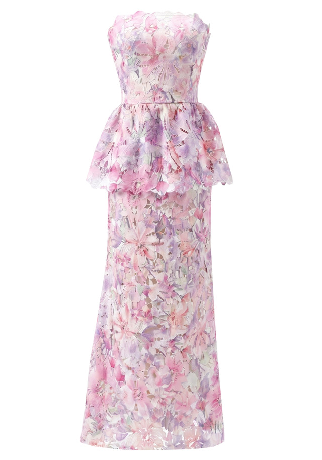 Strapless Floral Peplum Maxi Dress Pink
