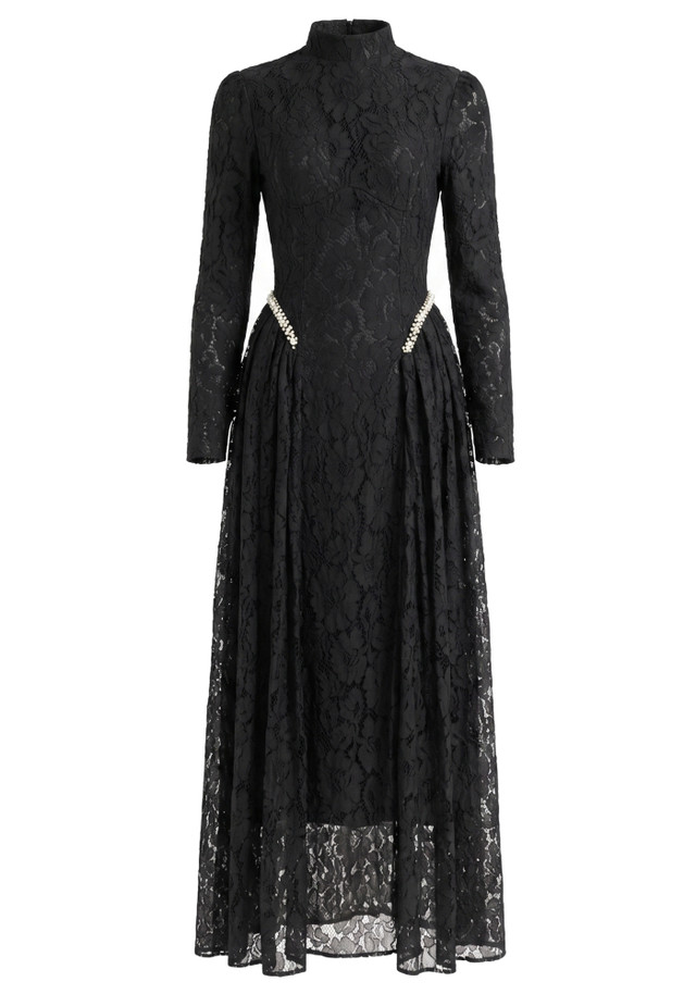 Long Sleeve Crystal Detail A Line Lace Maxi Dress Black