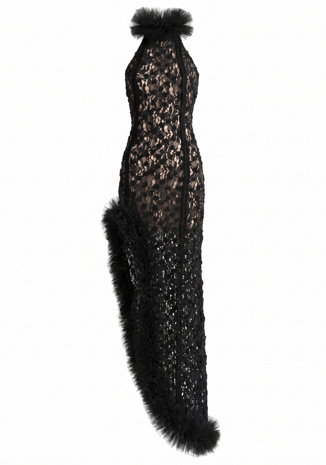 Halter Mesh Ruffle Lace Maxi Dress Black
