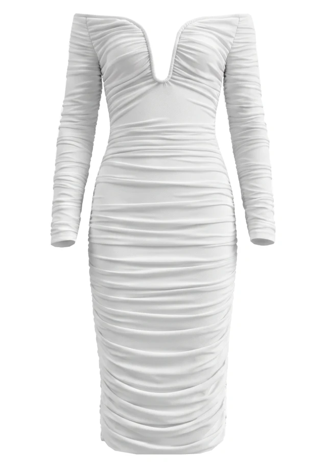 Long Sleeve Bardot Draped Midi Dress White