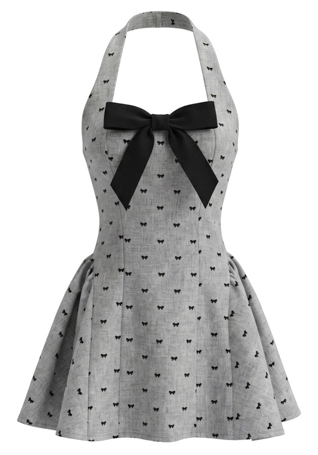 Halter Bow Detail A Line Dress Grey