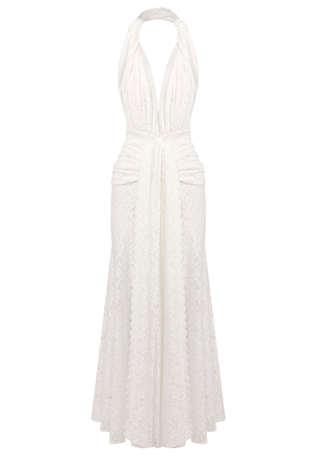 Halter Draped Lace Maxi Dress White