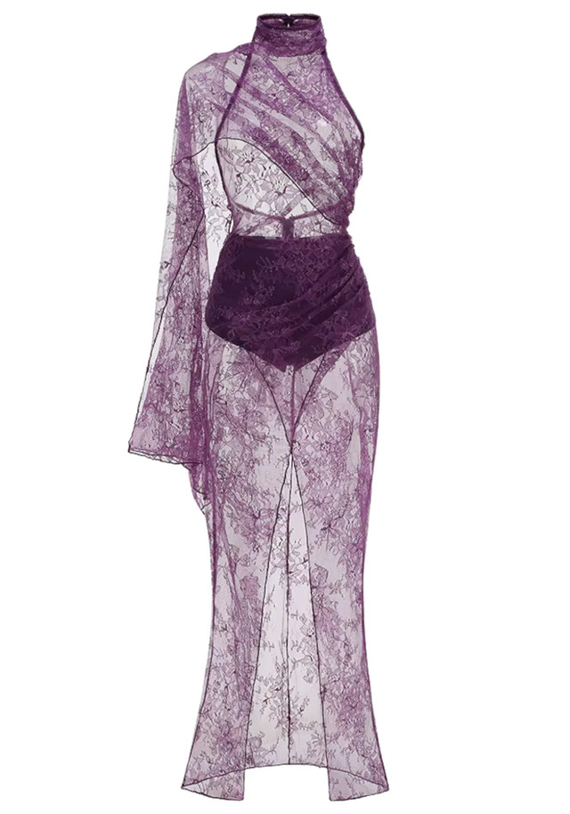 One Sleeve Draped Lace Maxi Dress Purple