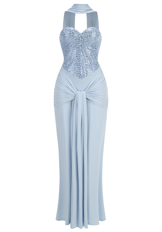 Strapless Sequin Draped Maxi Dress Blue