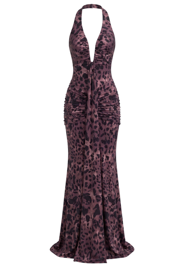 Halter Draped Maxi Dress Animal Print