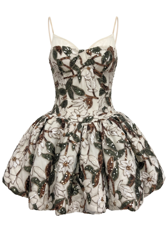 Floral Sequin Bubble Dress Brown Green