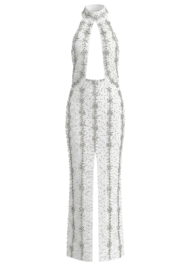 Halter Crystal Cut Out Maxi Dress White