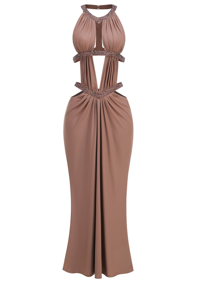 Halter Draped Cut Out Maxi Dress Brown