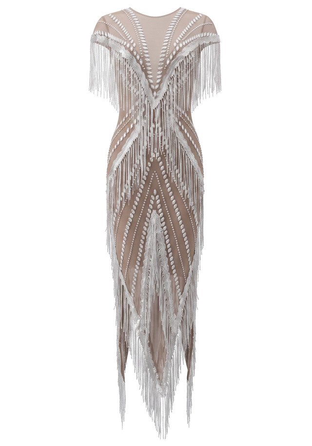 Crystal Tassel Mesh Maxi Dress Silver