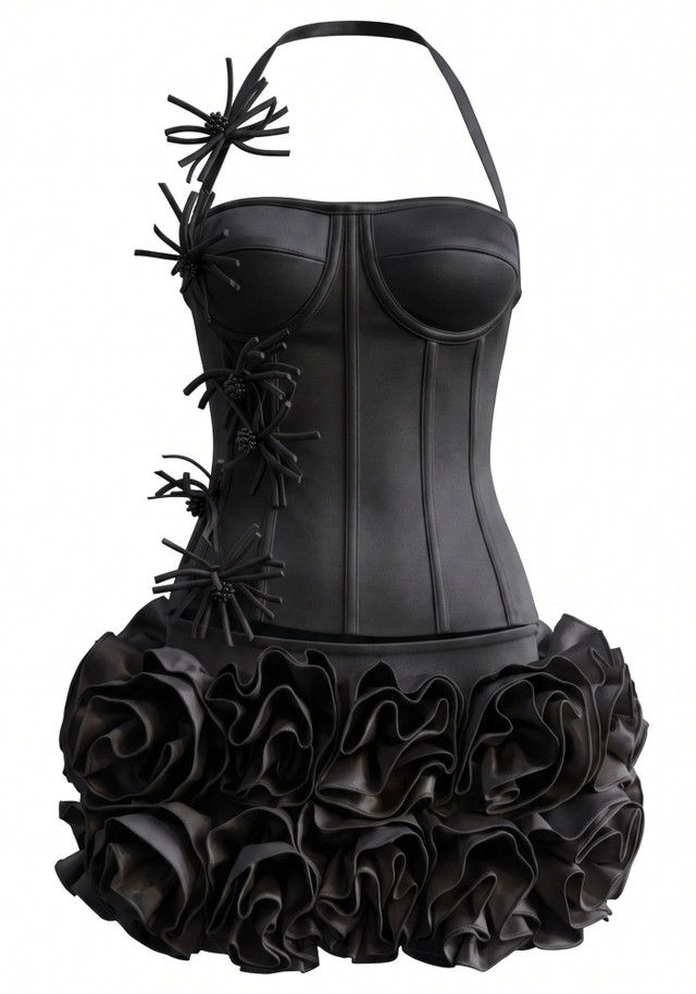 Halter Floral Detail Corset Two Piece Dress Black
