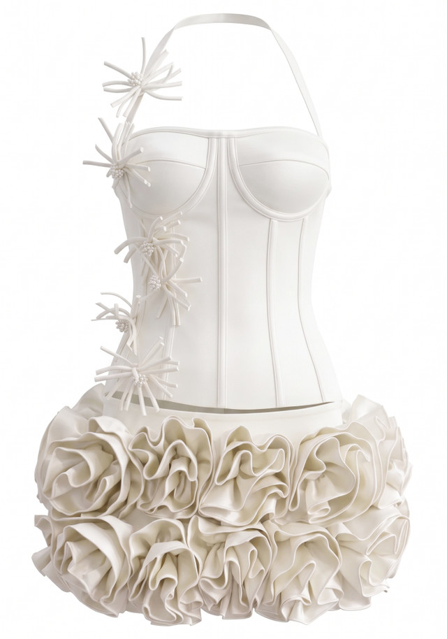 Halter Floral Detail Corset Two Piece Dress White