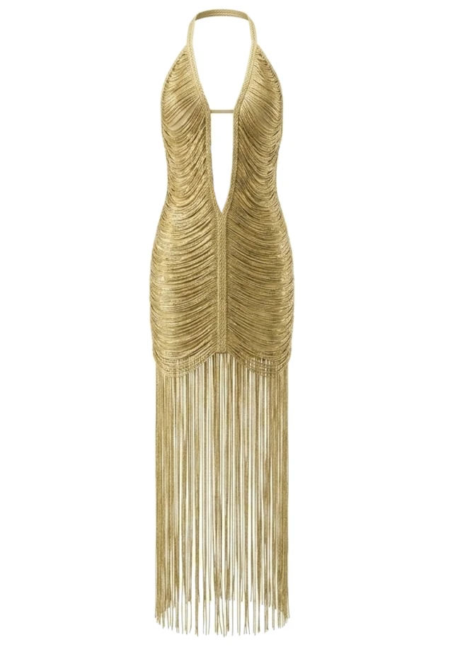 Halter Tassel Detail Maxi Dress Gold