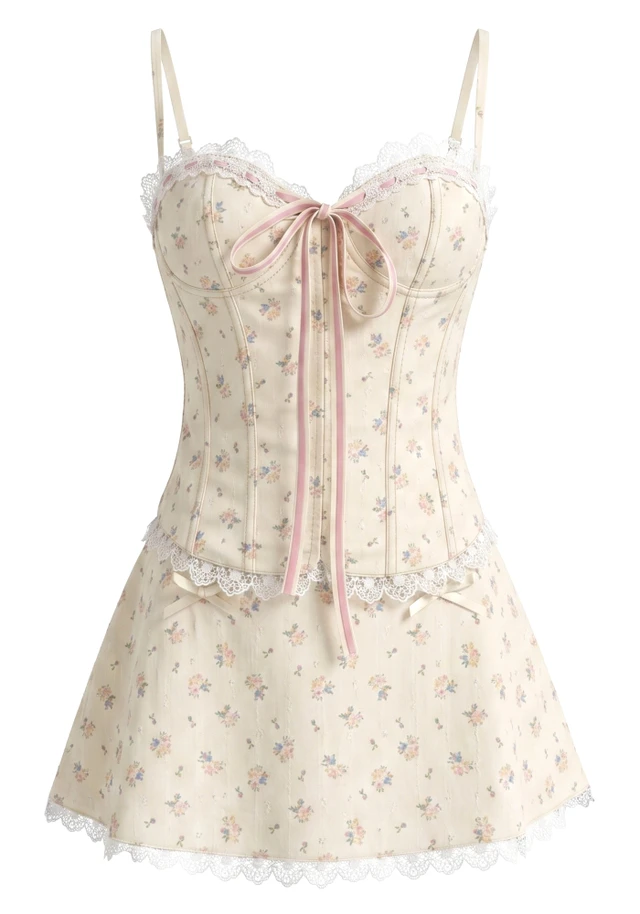 Floral Lace Corset Two Piece Dress Ivory Pink