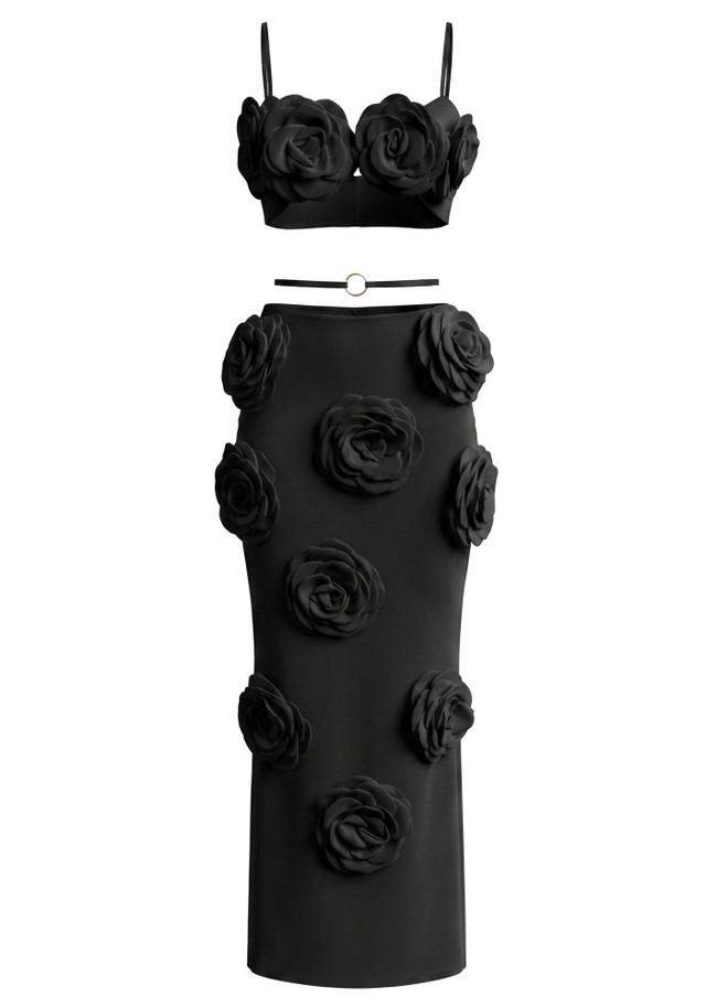 Floral Detail Two Piece Maxi Dress Black