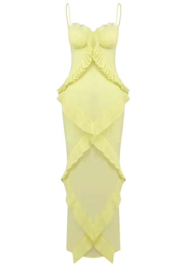 Pleated Ruffle Maxi Dress Yellow