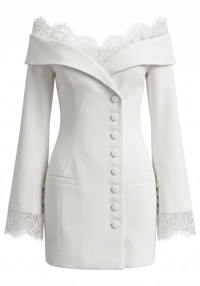 Long Sleeve Lace Bardot Blazer Dress White