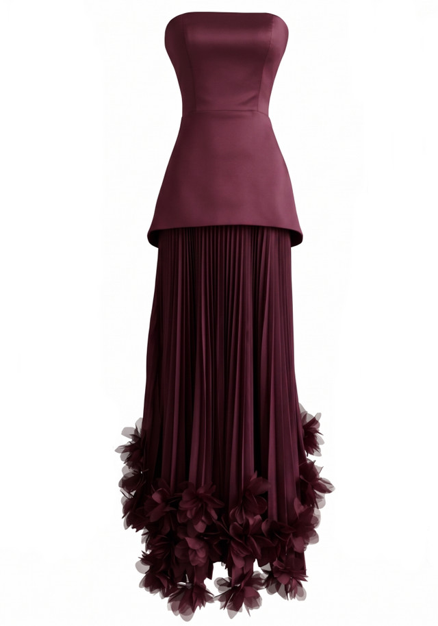 Strapless Pleated Petal Maxi Dress Burgundy