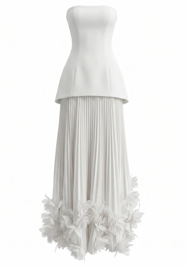 Strapless Pleated Petal Maxi Dress White