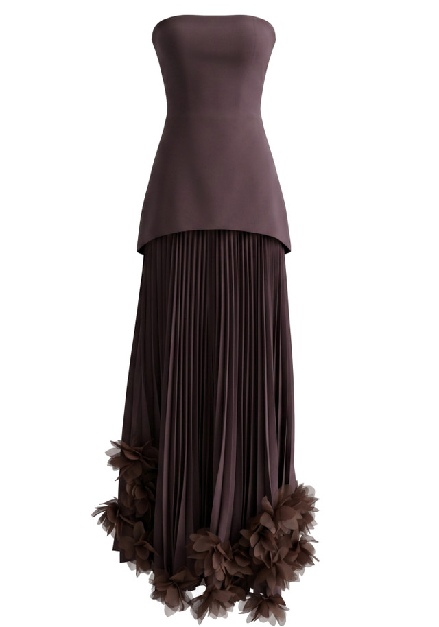 Strapless Pleated Petal Maxi Dress Brown