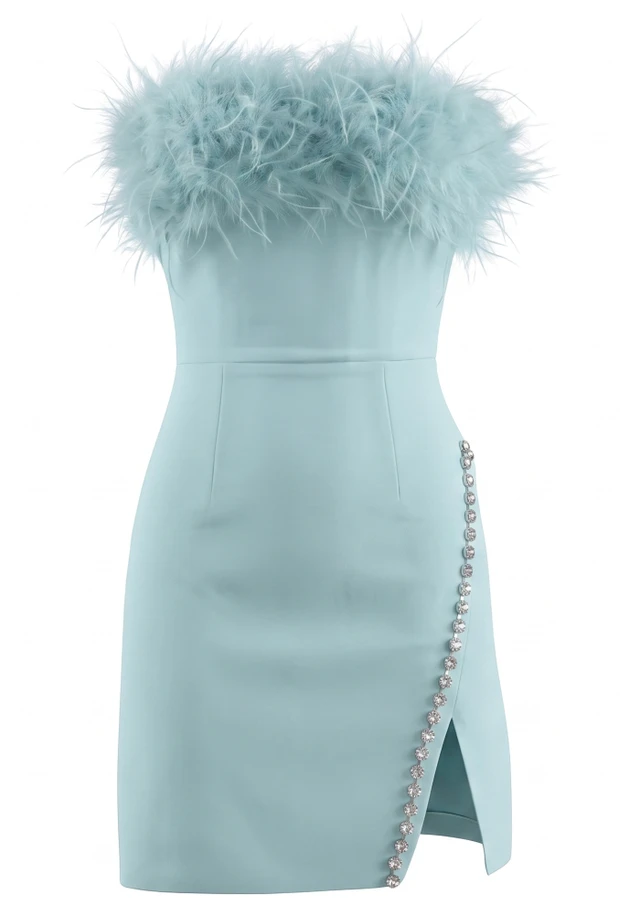 Strapless Feather Crystal Dress Mint