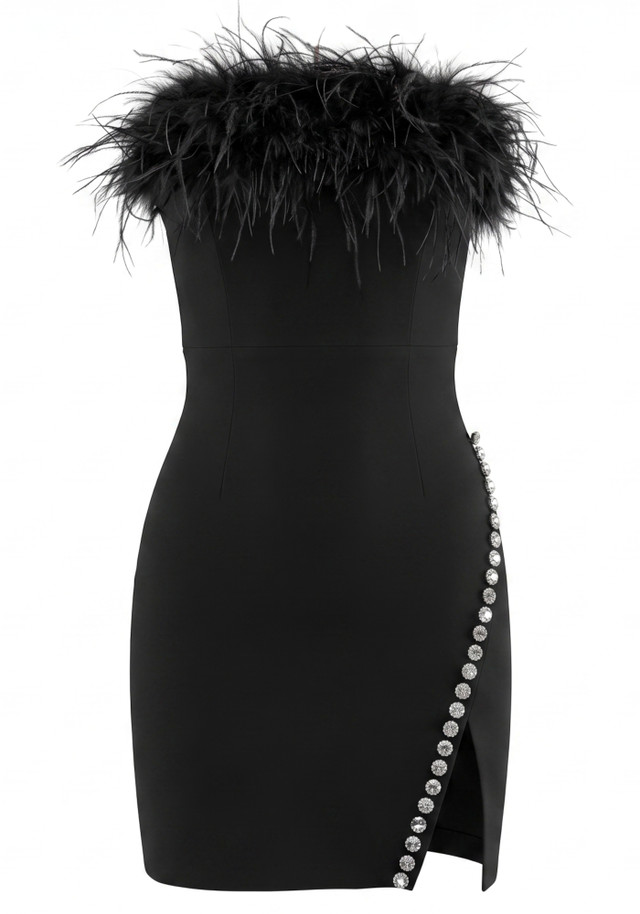 Strapless Feather Crystal Dress Black