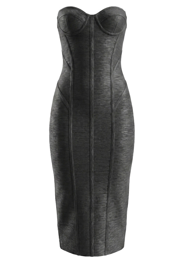 Strapless Woodgrain Foil Print Midi Dress Black