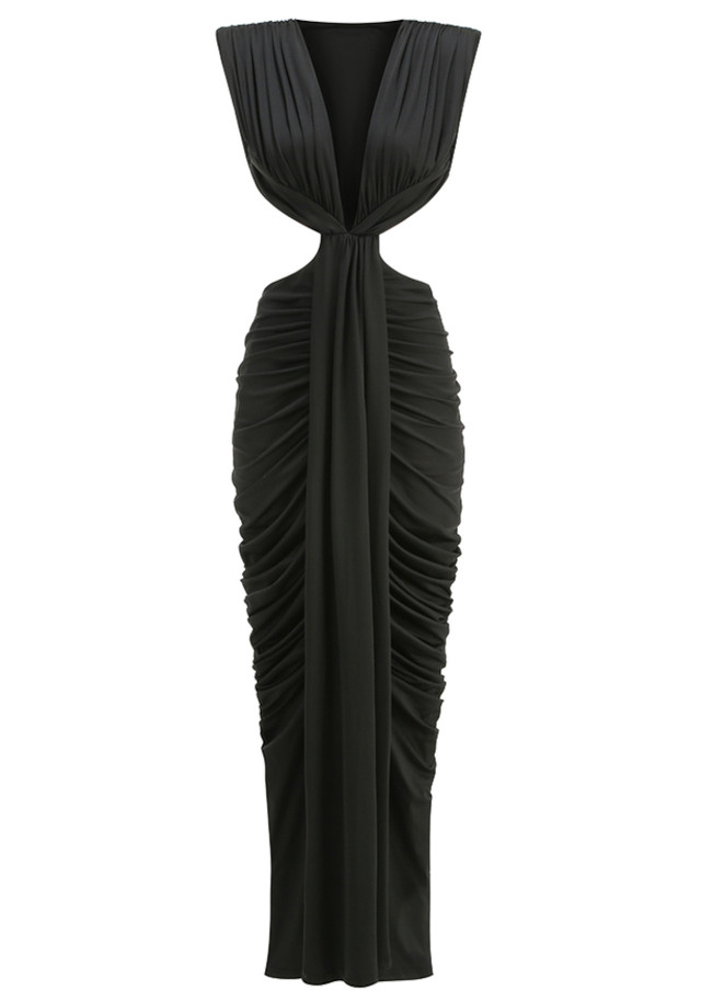 Draped Cut Out Sides Maxi Dress Black