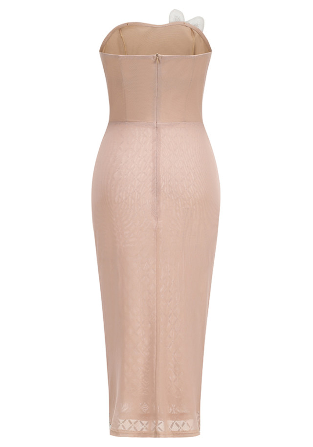 Strapless Floral Detail Embellished Midi Dress Nude