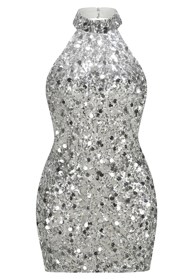 Halter Sequin Dress Silver