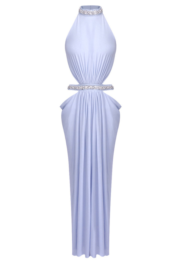 Halter Crystal Draped Backless Maxi Dress Blue