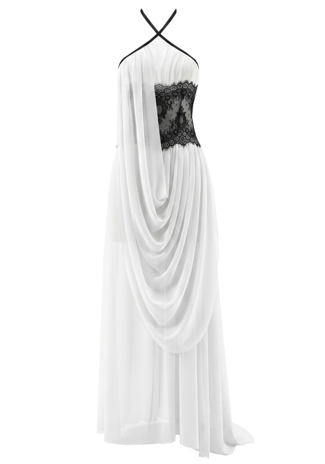 Halter Lace Insert Draped Maxi Dress White Black